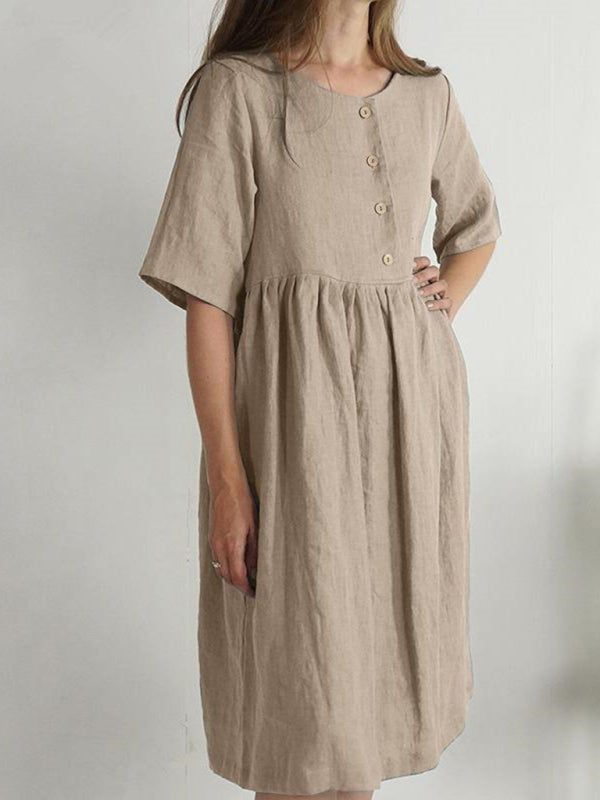 Midi Dresses- Solid Cotton Linen Button Dress - Ideal for Casual Occasions- Khaki- Pekosa Women Clothing