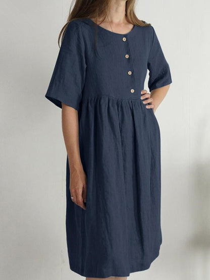 Midi Dresses- Solid Cotton Linen Button Dress - Ideal for Casual Occasions- Navy Blue- Pekosa Women Clothing