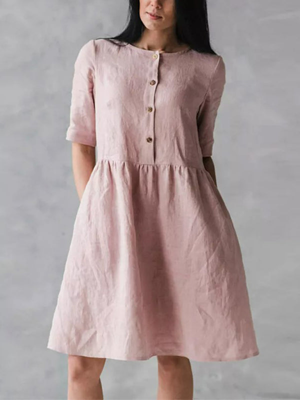 Midi Dresses- Solid Cotton Linen Button Dress - Ideal for Casual Occasions- Pink- Pekosa Women Clothing