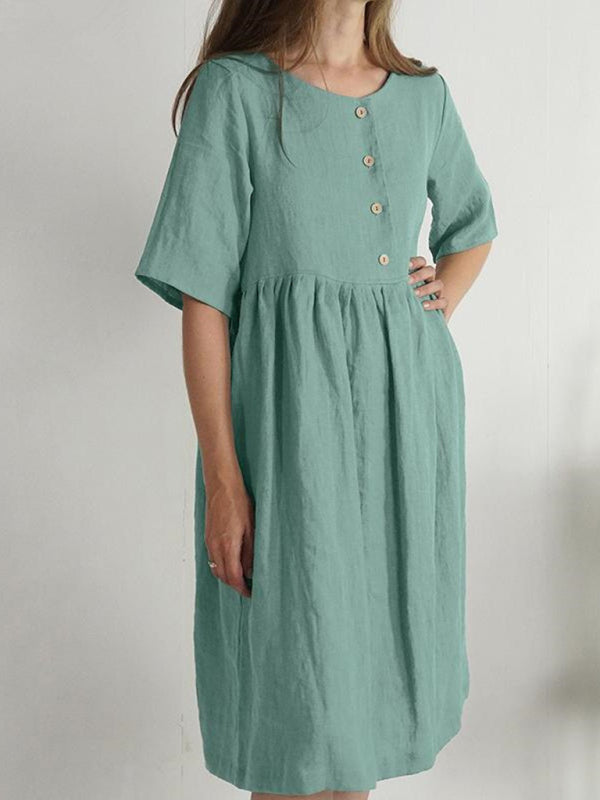 Midi Dresses- Solid Cotton Linen Button Dress - Ideal for Casual Occasions- Green- Pekosa Women Clothing