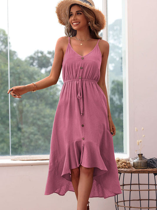 Midi Dresses- Solid Cotton V Neck High-Low Midi Dress with Adjustable Waist- Rose- IndioGear Fashion and Gear