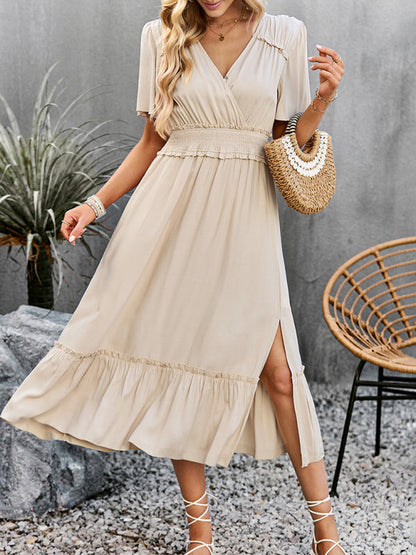 Midi Dresses- Solid Flared Sleeve Ruffle Hem Smocked Waist Midi Dress- Cracker khaki- Pekosa Women Clothing