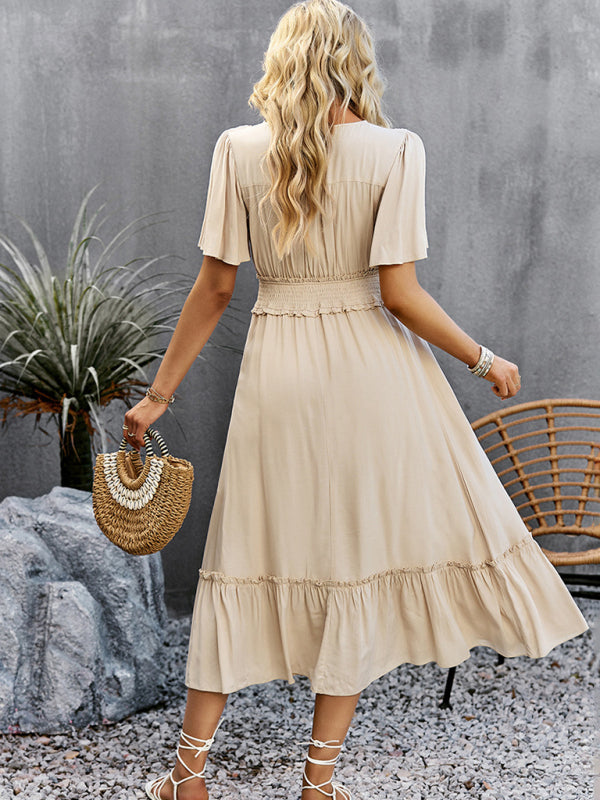 Midi Dresses- Solid Flared Sleeve Ruffle Hem Smocked Waist Midi Dress- - Pekosa Women Clothing