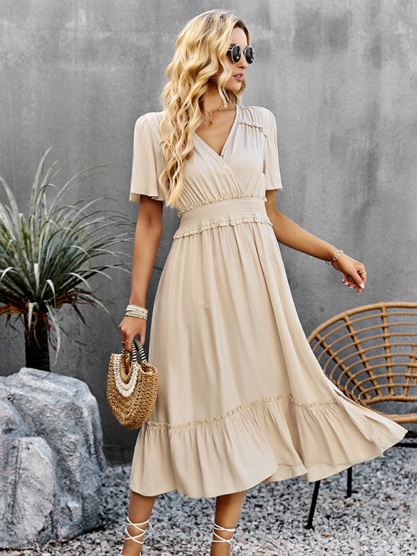 Midi Dresses- Solid Flared Sleeve Ruffle Hem Smocked Waist Midi Dress- - Pekosa Women Clothing