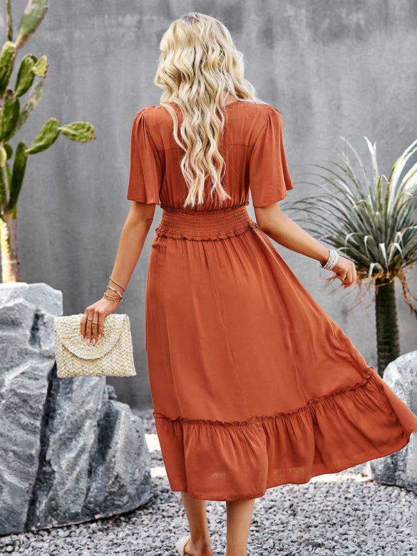 Midi Dresses- Solid Flared Sleeve Ruffle Hem Smocked Waist Midi Dress- - Pekosa Women Clothing