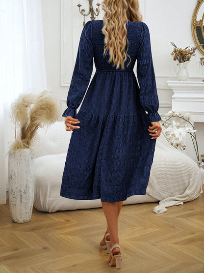 Solid Midi Dress with Bishop Sleeves & Smocked Waist