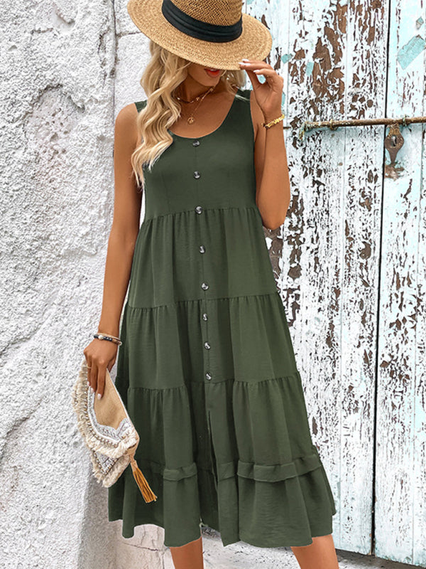 Midi Dresses- Solid Scoop Neck Button Down Tiered Midi Dress for Any Occasion- - IndioGear Fashion and Gear