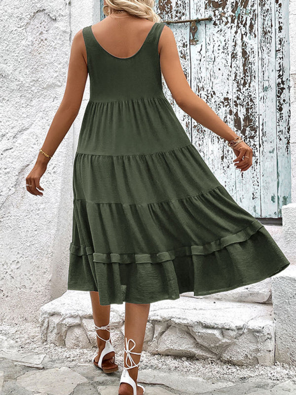 Midi Dresses- Solid Scoop Neck Button Down Tiered Midi Dress for Any Occasion- - IndioGear Fashion and Gear