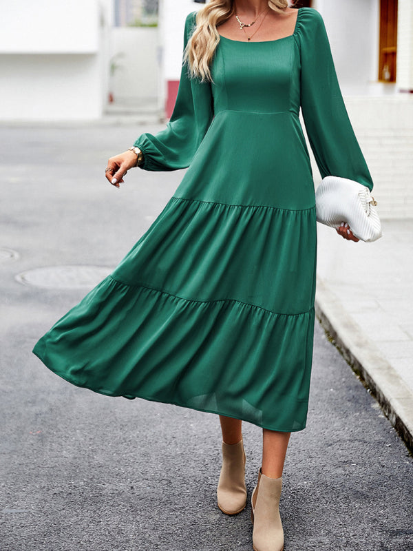 Midi Dresses- Solid Smocked Back Square Neck Long Sleeve Dress- - IndioGear Fashion and Gear