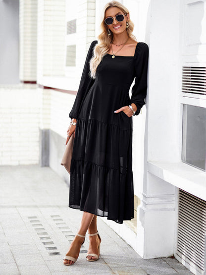 Midi Dresses- Solid Smocked Back Square Neck Long Sleeve Dress- - IndioGear Fashion and Gear