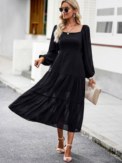 Midi Dresses- Solid Smocked Back Square Neck Long Sleeve Dress- - IndioGear Fashion and Gear