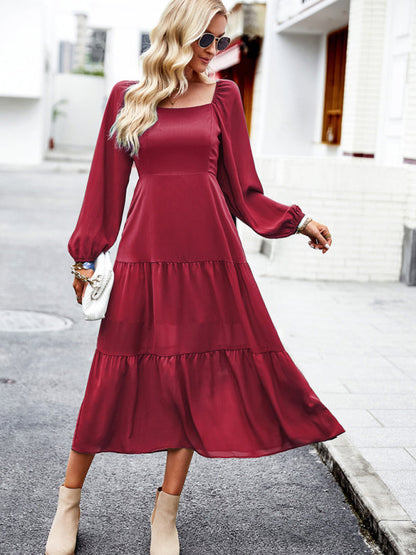 Midi Dresses- Solid Smocked Back Square Neck Long Sleeve Dress- - IndioGear Fashion and Gear