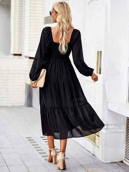 Midi Dresses- Solid Smocked Back Square Neck Long Sleeve Dress- - IndioGear Fashion and Gear