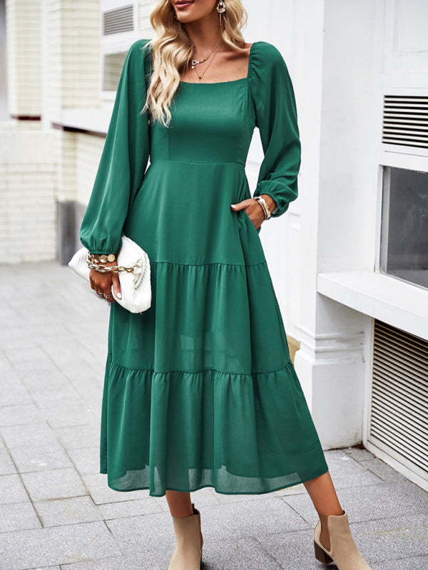 Midi Dresses- Solid Smocked Back Square Neck Long Sleeve Dress- Green- IndioGear Fashion and Gear