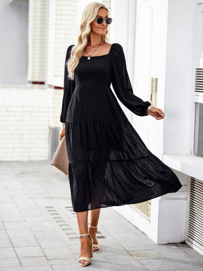 Midi Dresses- Solid Smocked Back Square Neck Long Sleeve Dress- - IndioGear Fashion and Gear