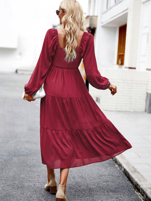 Midi Dresses- Solid Smocked Back Square Neck Long Sleeve Dress- - IndioGear Fashion and Gear