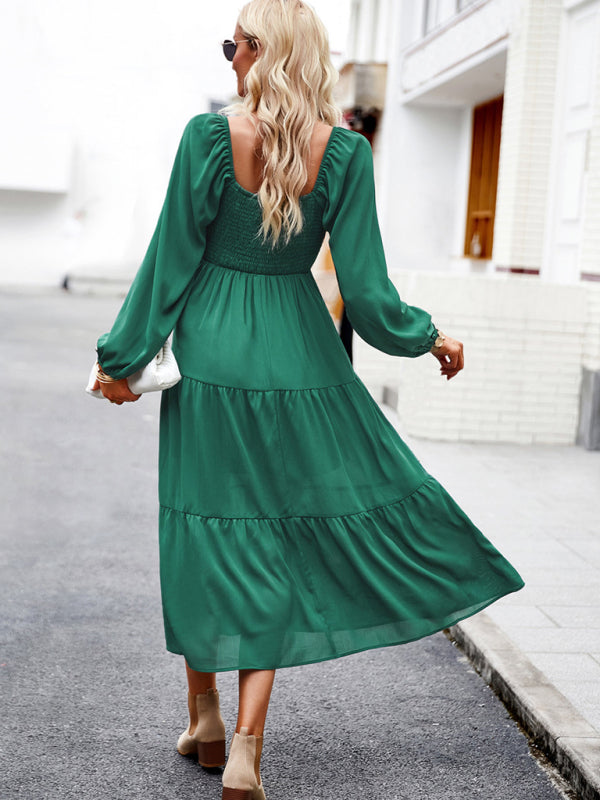 Midi Dresses- Solid Smocked Back Square Neck Long Sleeve Dress- - IndioGear Fashion and Gear