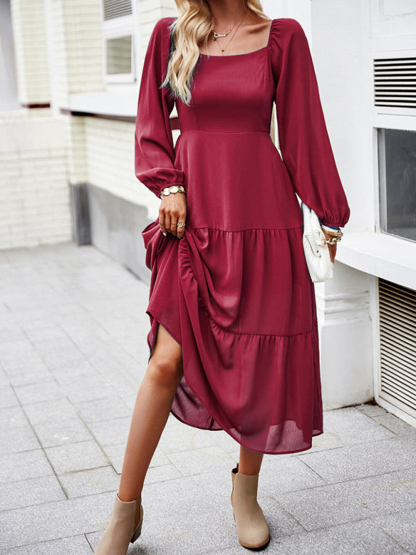 Midi Dresses- Solid Smocked Back Square Neck Long Sleeve Dress- - IndioGear Fashion and Gear