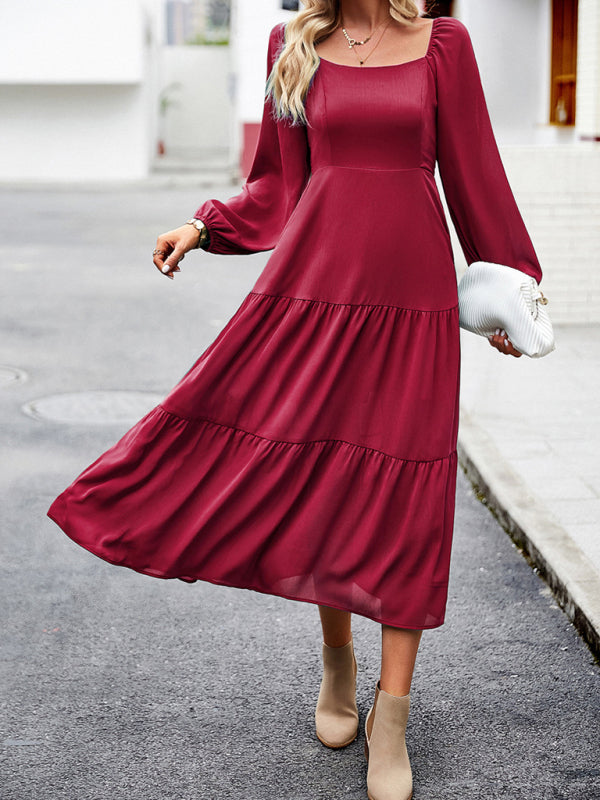 Midi Dresses- Solid Smocked Back Square Neck Long Sleeve Dress- - IndioGear Fashion and Gear