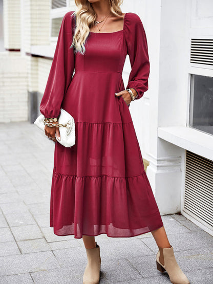 Midi Dresses- Solid Smocked Back Square Neck Long Sleeve Dress- Wine Red- IndioGear Fashion and Gear