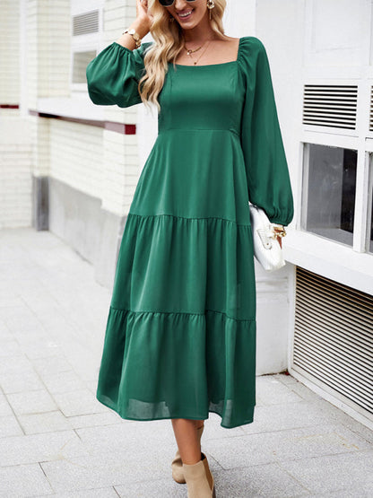 Midi Dresses- Solid Smocked Back Square Neck Long Sleeve Dress- - IndioGear Fashion and Gear