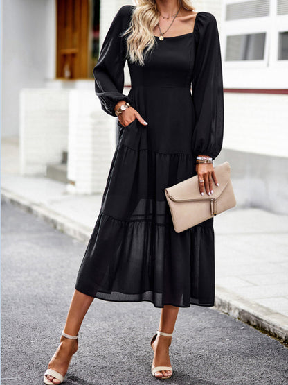 Midi Dresses- Solid Smocked Back Square Neck Long Sleeve Dress- Black- IndioGear Fashion and Gear