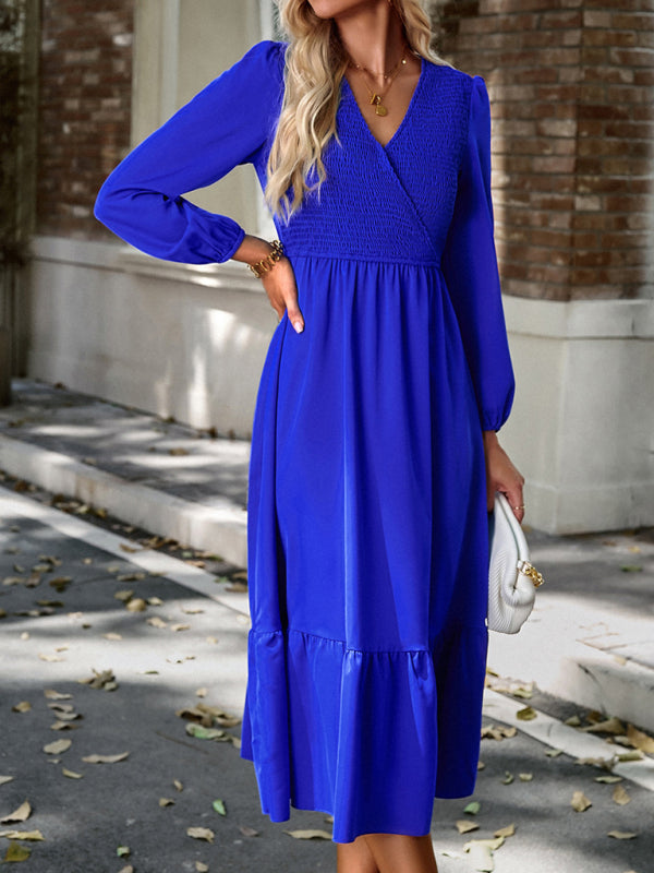 Solid Surplice Shirred V-Neck Long Sleeve midi Dress | Midi Dresses | Pekosa Women Clothing