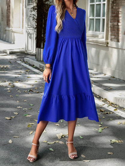 Solid Surplice Shirred V-Neck Long Sleeve midi Dress | Midi Dresses | Pekosa Women Clothing