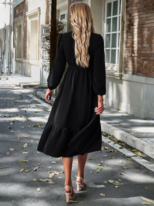 Solid Surplice Shirred V-Neck Long Sleeve midi Dress | Midi Dresses | Pekosa Women Clothing