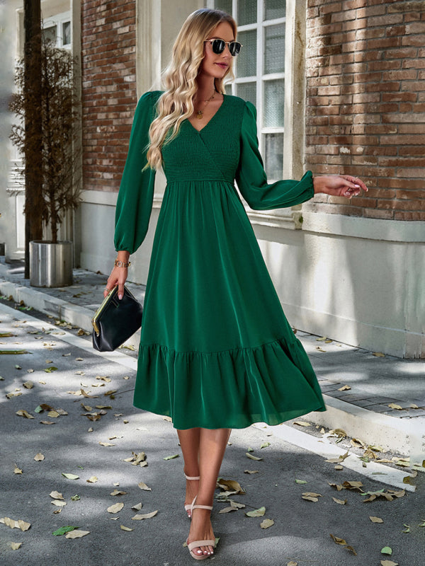 Solid Surplice Shirred V-Neck Long Sleeve midi Dress | Midi Dresses | Pekosa Women Clothing