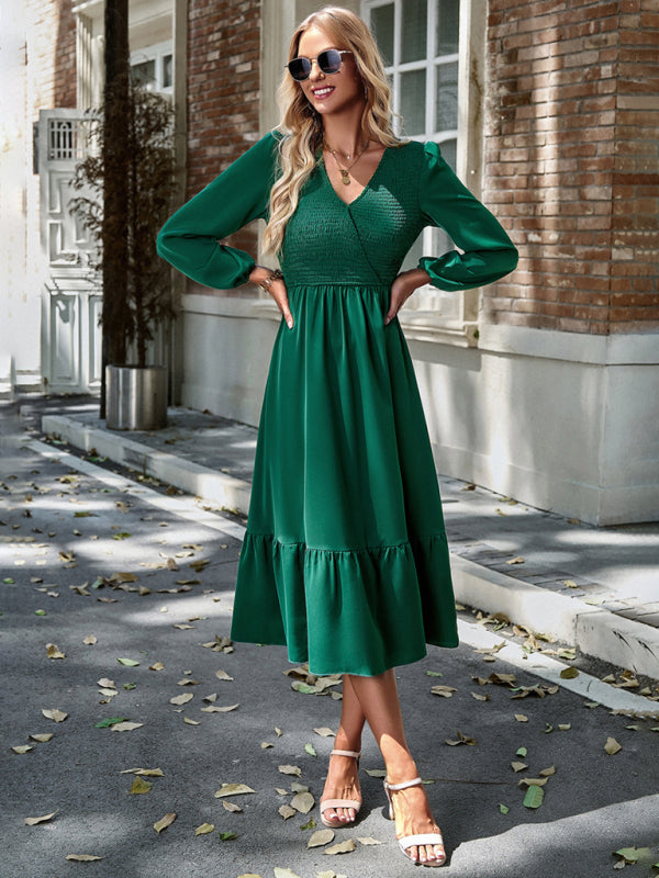 Solid Surplice Shirred V-Neck Long Sleeve midi Dress | Midi Dresses | Pekosa Women Clothing