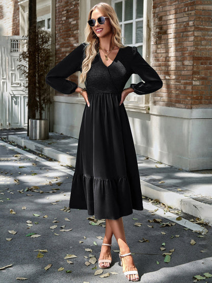 Solid Surplice Shirred V-Neck Long Sleeve midi Dress | Midi Dresses | Pekosa Women Clothing