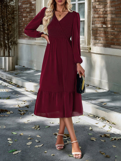 Solid Surplice Shirred V-Neck Long Sleeve midi Dress | Midi Dresses | Pekosa Women Clothing