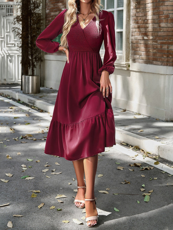 Solid Surplice Shirred V-Neck Long Sleeve midi Dress | Midi Dresses | Pekosa Women Clothing