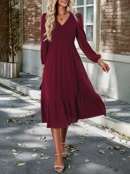 Solid Surplice Shirred V-Neck Long Sleeve midi Dress | Midi Dresses | Pekosa Women Clothing