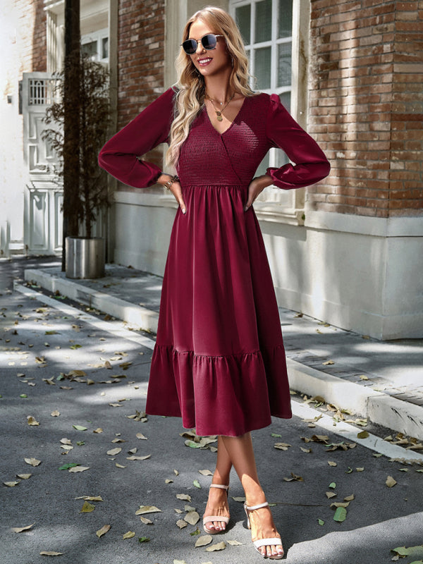 Solid Surplice Shirred V-Neck Long Sleeve midi Dress | Midi Dresses | Pekosa Women Clothing