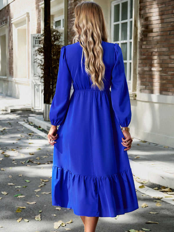 Solid Surplice Shirred V-Neck Long Sleeve midi Dress | Midi Dresses | Pekosa Women Clothing