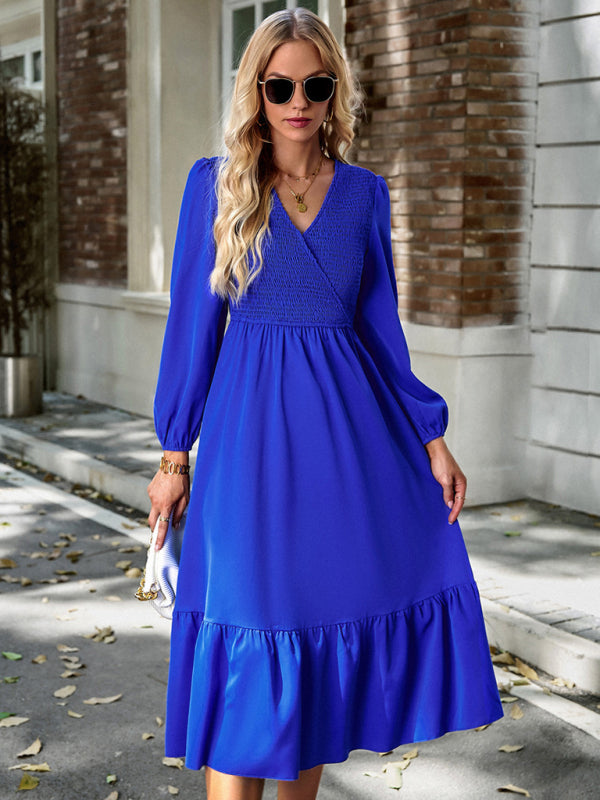 Solid Surplice Shirred V-Neck Long Sleeve midi Dress | Midi Dresses | Pekosa Women Clothing