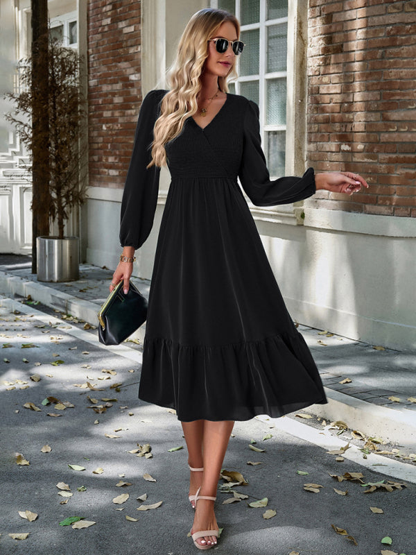 Solid Surplice Shirred V-Neck Long Sleeve midi Dress | Midi Dresses | Pekosa Women Clothing