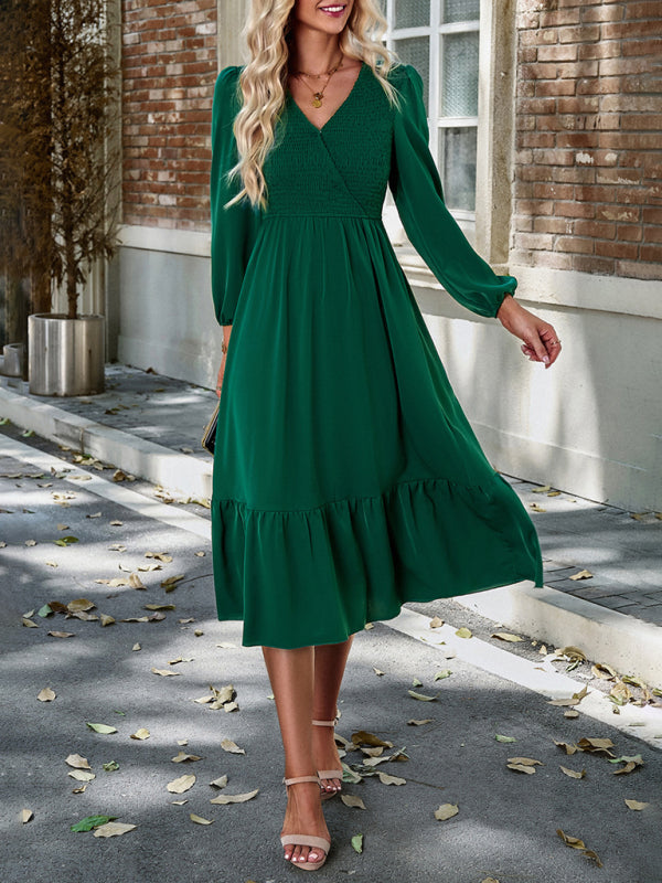 Solid Surplice Shirred V-Neck Long Sleeve midi Dress | Midi Dresses | Pekosa Women Clothing