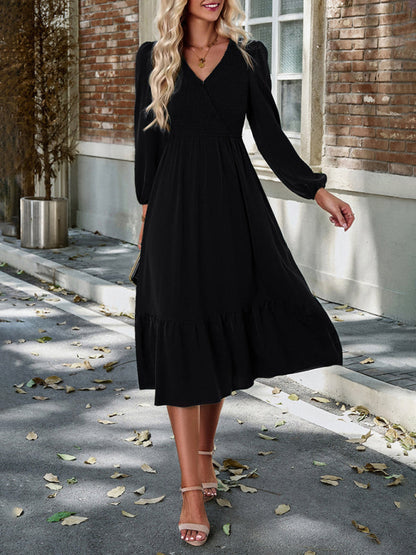 Solid Surplice Shirred V-Neck Long Sleeve midi Dress | Midi Dresses | Pekosa Women Clothing