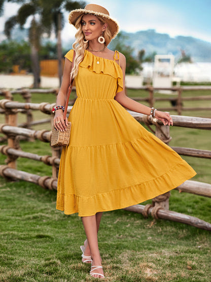 Midi Dresses- Solid Tiered Ruffle One Shoulder A-Line Midi Dress- Yellow- IndioGear Fashion and Gear