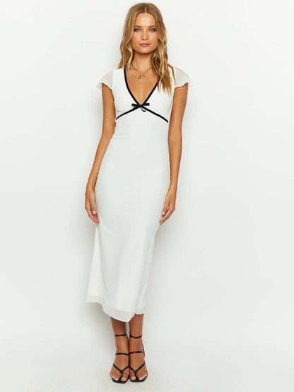 Solid V-Neck Sheath Midi Dress with Contrast Trim Accents