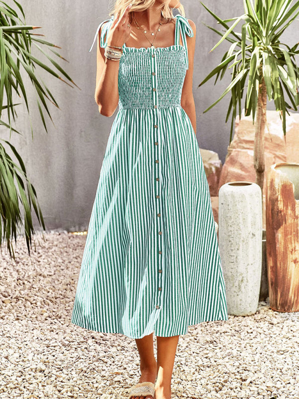 Midi Dresses- Striped Midi Dress With Buttons Front & Shoulder Tie- - IndioGear Fashion and Gear