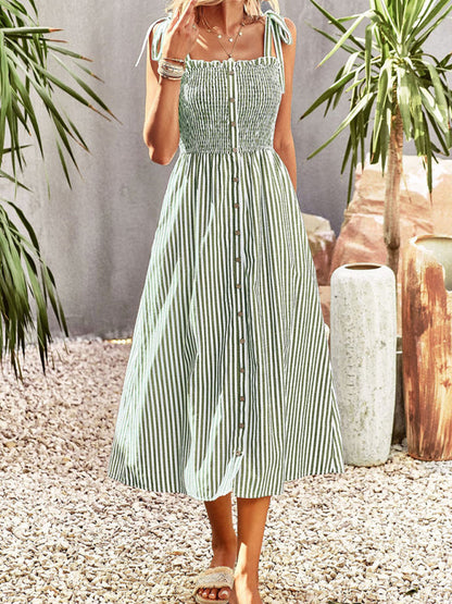 Midi Dresses- Striped Midi Dress With Buttons Front & Shoulder Tie- - IndioGear Fashion and Gear