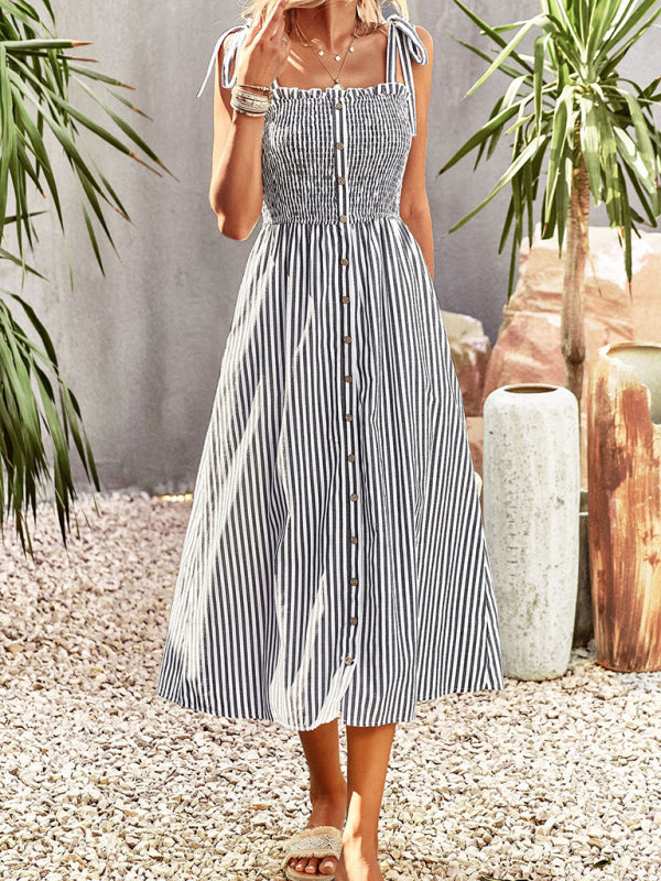 Midi Dresses- Striped Midi Dress With Buttons Front & Shoulder Tie- - IndioGear Fashion and Gear