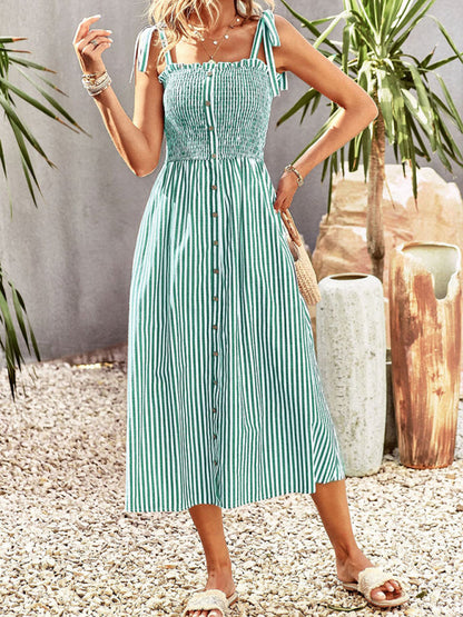 Midi Dresses- Striped Midi Dress With Buttons Front & Shoulder Tie- - IndioGear Fashion and Gear