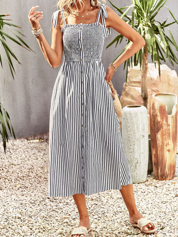 Midi Dresses- Striped Midi Dress With Buttons Front & Shoulder Tie- - IndioGear Fashion and Gear