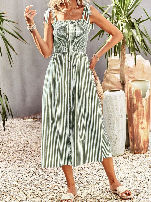 Midi Dresses- Striped Midi Dress With Buttons Front & Shoulder Tie- - IndioGear Fashion and Gear