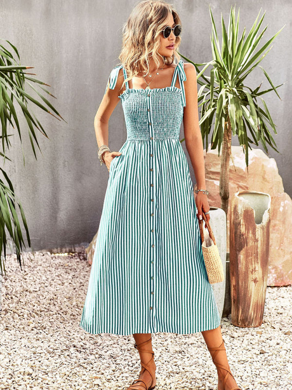 Midi Dresses- Striped Midi Dress With Buttons Front & Shoulder Tie- Deep green- IndioGear Fashion and Gear